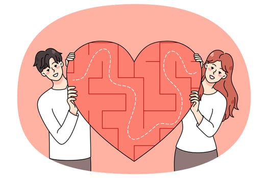 Happy young couple with heart symbol with labyrinth inside search love. Smiling man and woman look for relationships. Dating application and service. Flat vector illustration.