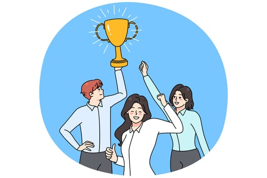 Overjoyed work team hold golden price celebrate shared win. Smiling diverse employee with award reach business success or goal together. Teamwork and partnership. Vector illustration.