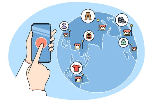 Person hold cellphone shopping online around the world. Client or buyer use modern smartphone buy on internet with web application. Technology concept. Vector illustration.
