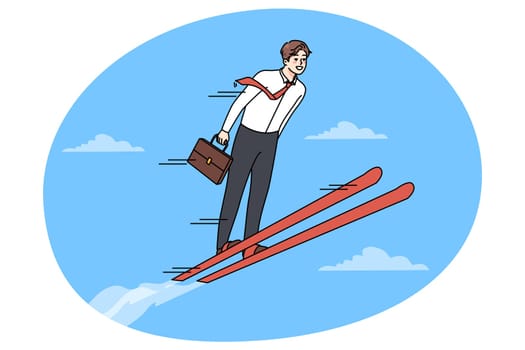 Businessman on ski jump high achieve work success or goals. Smiling man employee or worker strive for career promotion of job progress. Achievement concept. Vector illustration.