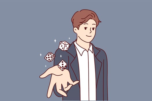 Man throws dice inviting you to visit casino and try your luck at roulette with big cash prize. Lucky guy with smile looks at screen demonstrates dice for gambling in las vegas casino