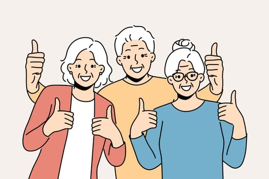 Overjoyed elderly people showing thumbs up enjoying maturity. Smiling old grandparents feeling optimistic and positive. Vector illustration.