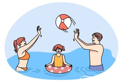 Overjoyed young family with happy child have fun in water on summer vacations. Smiling parents play ball enjoy holidays with daughter on resort. Summertime travel. Vector illustration.