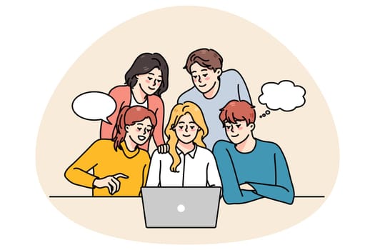 Diverse people group look at laptop screen brainstorm cooperate on project together. Smiling team collaborate work on computer, discussing ideas. Teamwork. Vector illustration.