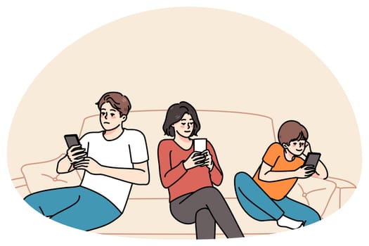 Young family with child sit on sofa browsing internet on modern smartphone. Parents and small kid addicted to cellphones, using gadgets together at home. Technology addiction. Vector illustration.