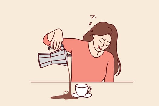 Tired woman spills coffee falling asleep during breakfast and needing vacation due to regular overtime. Sleepy girl suffers from chronic fatigue and needs coffee and caffeinated drinks.