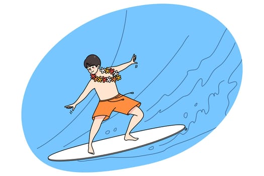 Happy boy child stand on surf board have fun on summer holidays. Active kid surfing on high waves on summertime vacations. Childhood activity. Vector illustration.