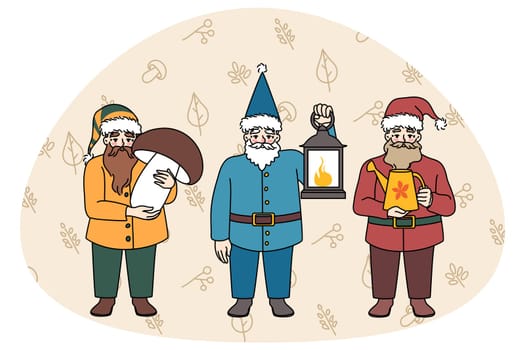 Funny little garden gnomes holding objects. Set of diverse small fairytale characters for outdoor house decoration. Exterior design. Vector illustration.