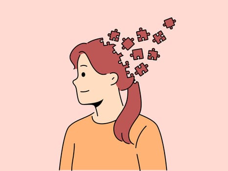 Woman with puzzle head as metaphor for chaos in head and lack of planning to solve tasks. Girl with psychological problems smiles in need of getting rid of chaos in thoughts to achieve mental balance.