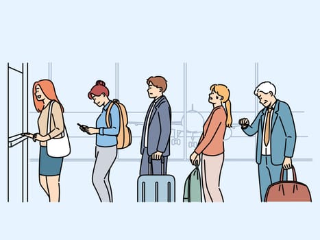 Queue at airport of people taking off by plane and passing through customs control when crossing border of state. Men and women are at airport checking in for flight, nervous about long wait.
