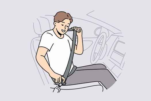 Smiling man putting protection belt sitting in car. Happy guy fasten seatbelt in automobile. Safety on road. Vector illustration.