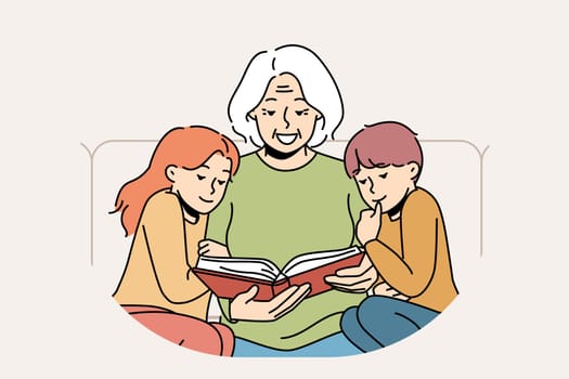 Caring smiling grandmother reading book to little grandchildren. Happy granny enjoy time with literature with small grandkids. Vector illustration.