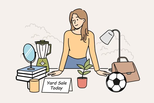 Smiling woman standing at desk selling goods on yard sale. Happy female offer things on backyard sale. Vector illustration.