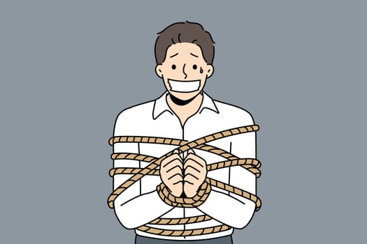 Businessman tied in ropes with sealed mouth. Scared male employee as hostage or victim of kidnapping. Vector illustration.