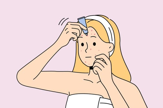 Woman in bathrobe apply cream on pimples on face. Unhappy girl treat redness struggle with facial problems. Skincare and beauty. Vector illustration.