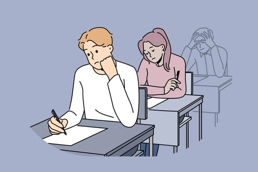 Distressed students sit at desk writing on paper. Unhappy people handwriting on exam or test in classroom. Vector illustration.