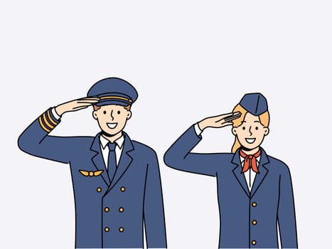 Pilot of aircraft and stewardess greet passengers of flight and thank you for using services of airline. Crew of aircraft from pilot with stewardess in service uniform smiling looking at screen