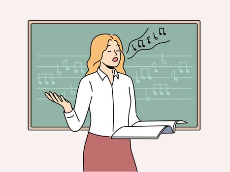 Woman vocalist sings standing near blackboard with notes and helping students develop voice. Girl holds magazine and sings wanting to become professional vocalist or audio composer