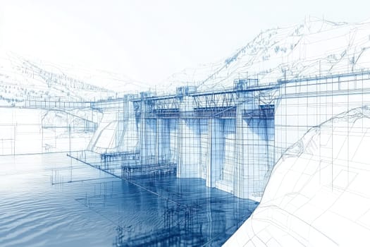 A detailed blueprint displays the engineering design of a large dam structure situated by a body of water, surrounded by mountains. The drawing highlights intricate lines and measurements.