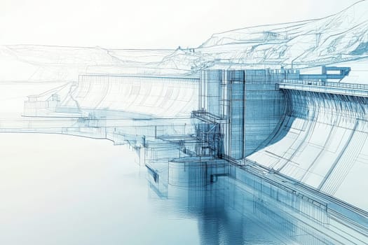 A detailed blueprint of a hydroelectric dam illustrates the complex structure and engineering design. The dam sits alongside a calm waterbody, framed by mountainous terrain.