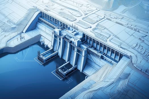 The structure displays a modern hydroelectric dam nestled between mountains.