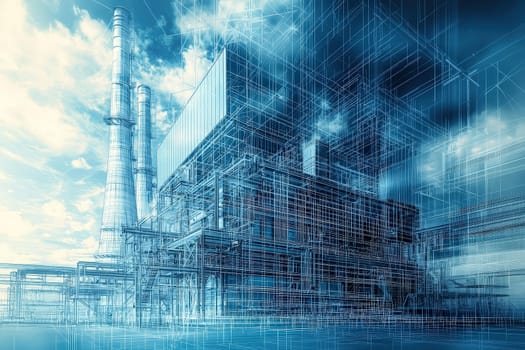 This industrial structure displays intricate blueprints and a geometric design, highlighting pipelines, towers, and storage units against a backdrop of cloudy skies during the day.