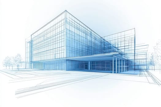 A detailed architectural sketch displays a contemporary building with expansive glass surfaces and sharp angles. The design emphasizes modern aesthetics in a professional setting.
