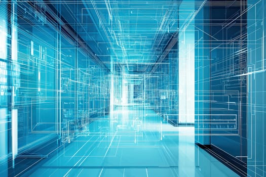 A modern corridor features glowing surfaces and intricate digital lines giving a futuristic feel.