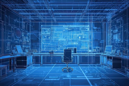 A modern office workspace featuring a sleek design with blue lighting. Multiple screens display digital plans and architectural designs. An empty chair sits poised in front of a central desk.