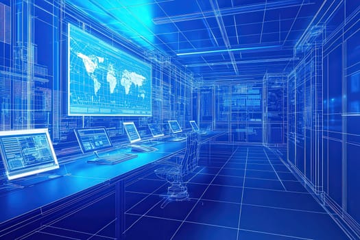A modern workspace features multiple computer monitors displaying data. The environment is illuminated with blue light and has a futuristic, high-tech ambiance, perfect for tech professionals.