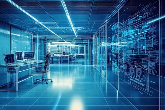 Modern office space featuring multiple computer workstations surrounded by digital displays and blue lighting. The sleek design emphasizes technology and innovation in a professional setting.