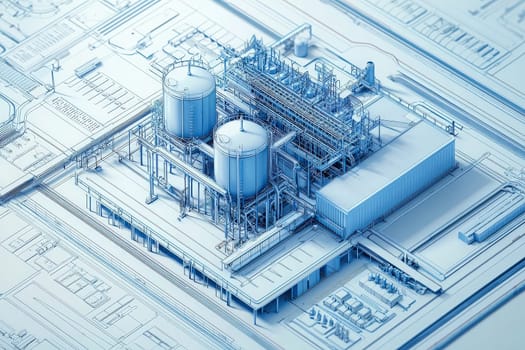A detailed blueprint of an industrial facility featuring two large storage tanks and various processing equipment.