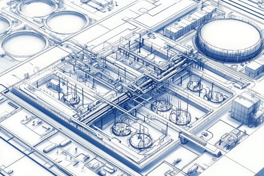 This blueprint illustrates a complex layout of an industrial facility focused on waste management and treatment.