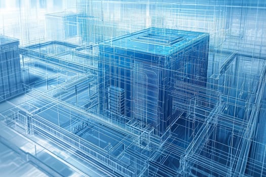 A detailed wireframe representation of a modern building design illustrates complex architectural elements. The layout displays interconnecting structures and a futuristic aesthetic.