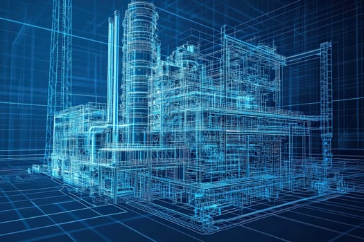 Detailed blueprint of an industrial plant demonstrates intricate design and engineering. Various structures, including towers and pipeline networks, exhibit modern technological features.
