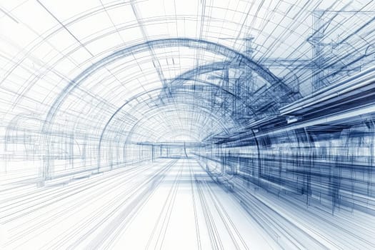 A train station depicted in an abstract style, showcasing intricate lines and curves that suggest movement and depth.