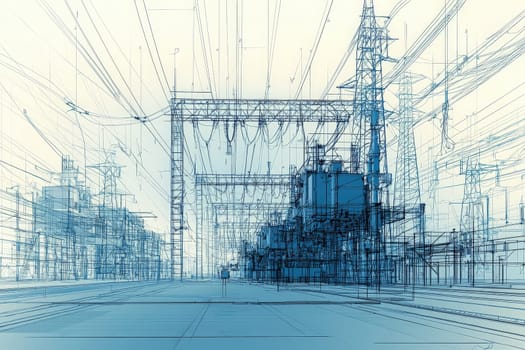 An intricate blueprint of an urban electricity substation shows detailed structures and towering power lines. The layout illustrates the complexity of electrical infrastructure in a city setting.