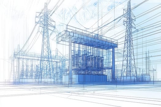 This artwork depicts a detailed blueprint of an electric power substation.