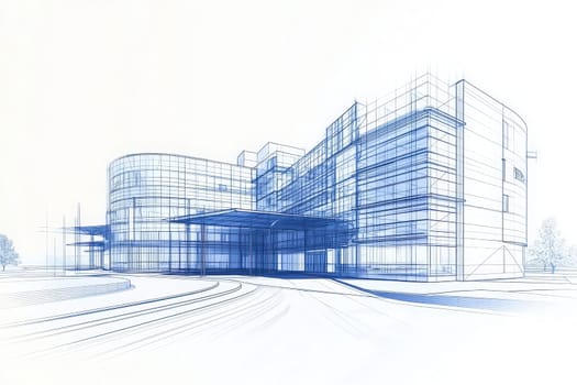 This design illustrates a modern building with a unique curved shape, featuring extensive glass elements and a stylish entrance. The outline emphasizes the intricate details of the architecture.