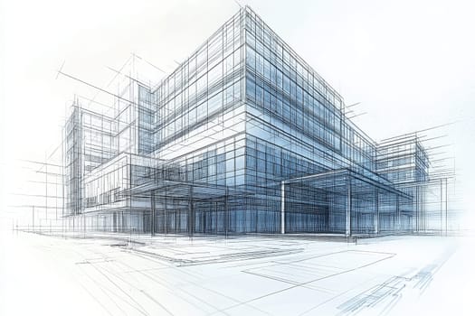 A detailed architectural sketch showcases a modern office building design. The structure features large glass windows and dynamic lines, indicating a contemporary style.