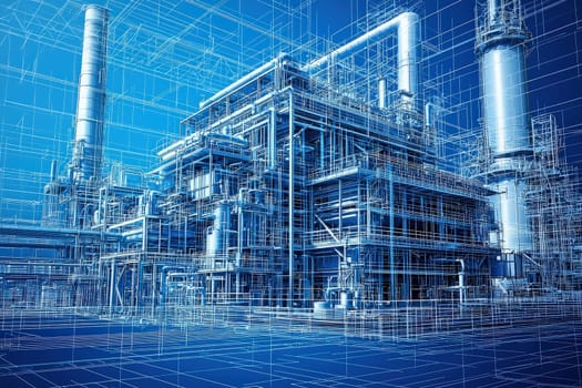 A detailed blueprint of an industrial facility illustrating intricate piping systems and structural elements.