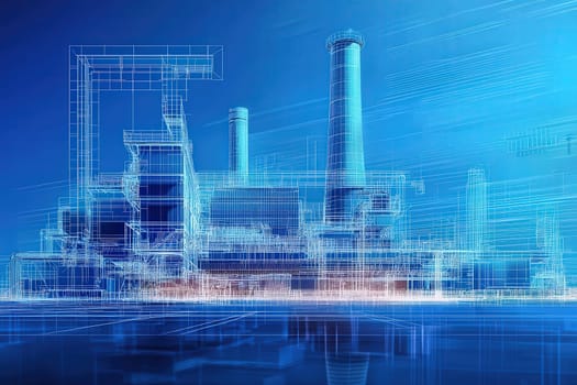 A complex industrial facility features tall smokestacks and intricate structures rendered in a blue digital design. The futuristic layout highlights the integration of technology and industry.