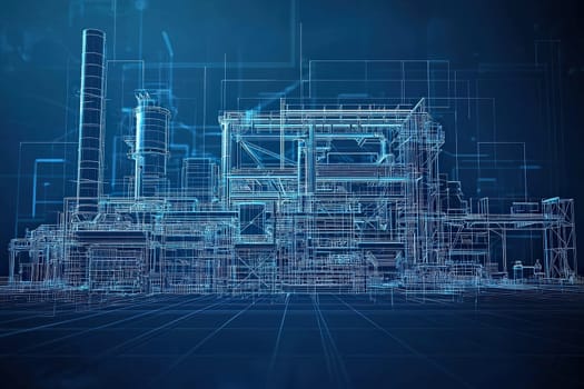 A detailed blueprint representation of a modern industrial facility. The illustration highlights innovative design elements, emphasizing structure and functionality in a tech-driven environment.