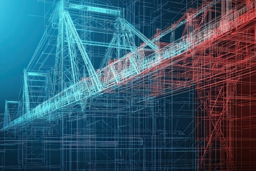 Detailed representation of a bridge in a 3D wireframe style using blue and red lines, showcasing the structural elements against a dark background. The design emphasizes engineering concepts.