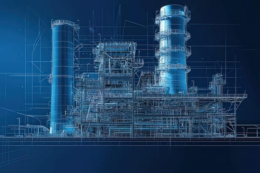 A complex digital rendering showcases a modern power plant structure. Detailed line work outlines various components like stacks, turbines, and pipes.