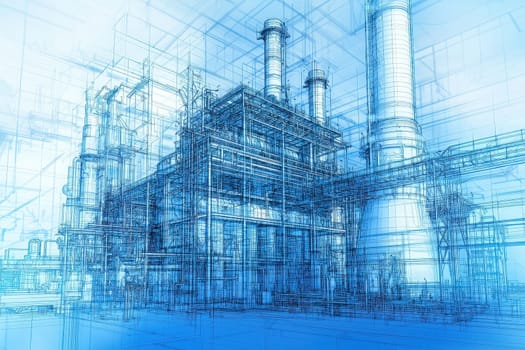 Blueprints showcase a detailed industrial facility with towering smokestacks and extensive piping. The design emphasizes advanced technology in a factory setting.