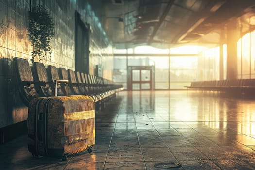 Golden sunlight pours through large windows over a quiet train station. A worn suitcase rests alone on the polished floor, surrounded by empty benches and a serene atmosphere.
