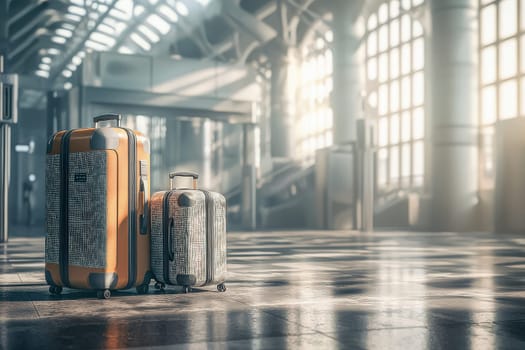 Two pieces of luggage stand on a polished floor in an airport, illuminated by soft sunlight filtering through large windows, creating a serene travel atmosphere.