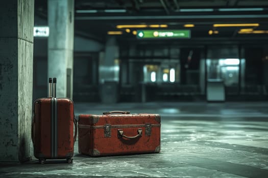 A pair of red suitcases rests against a column in a deserted train station. The dim lighting creates a quiet atmosphere, indicating late night travel. Few signs are visible in the background.