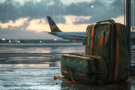 Two travel bags sit near a window at an airport as rain falls outside. An airplane is visible on the tarmac, creating a moody atmosphere that captures the essence of travel.